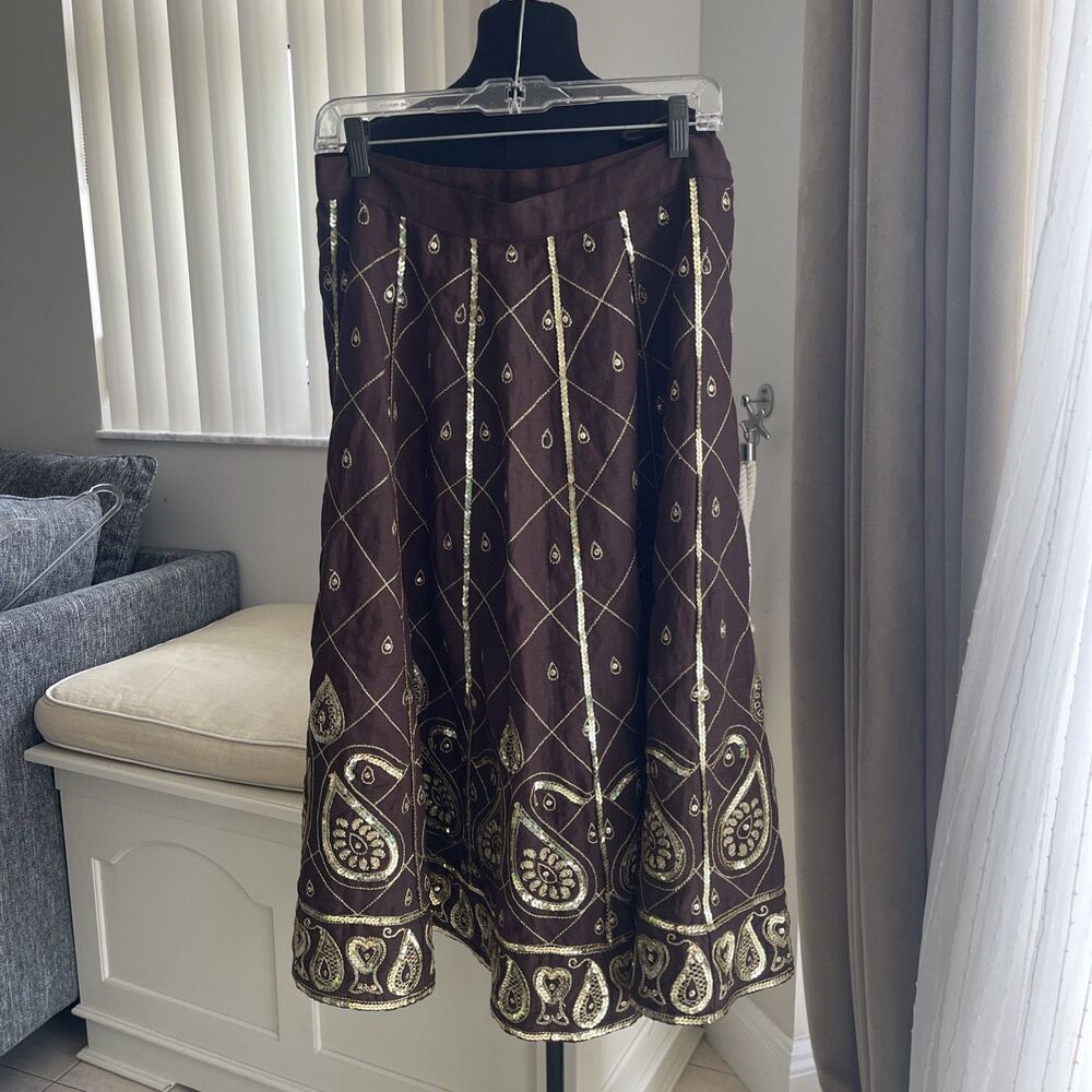 WD NY Brown gold sequin Linen Blend full A-line midi skirt 8